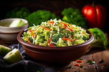 Delicious Broccoli Slaw in a Bowl. Raw and Organic Shredded Mixture of Broccoli, Cabbage and Carrot Perfect for a Healthy Diet