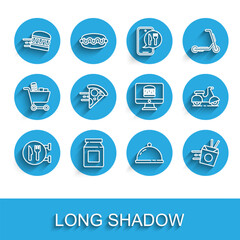 Set line Cafe and restaurant location, Online ordering delivery, burger, Covered with tray of food, noodles, pizza, Scooter and icon. Vector