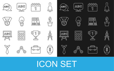 Set line American Football ball, Drawing compass, Plant pot, Calendar first september date, Light bulb with concept of idea, Medal, Alphabet and Office folders icon. Vector