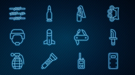 Set line Military assault shield, knife, Cocktail molotov, Rocket, helmet, Barbed wire, Swiss army and Bullet icon. Vector