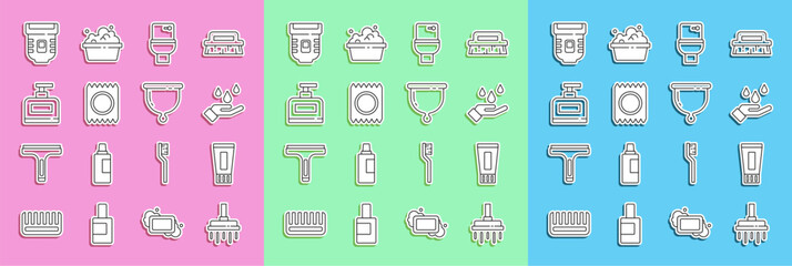 Set line Shower head, Tube of toothpaste, Washing hands with soap, Toilet bowl, Condom package safe sex, Bottle shampoo, Epilator and Menstrual cup icon. Vector