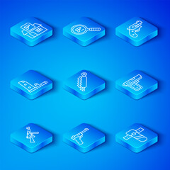 Set line Tommy gun, Trap hunting, Mauser, Pistol or, Small revolver, Gun magazine and bullets, Hunting shop weapon and Knife holster icon. Vector