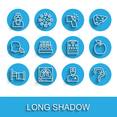 Set line Hospital bed, Lungs x-ray, Nurse, Male doctor, Gut constipation, Test tube with blood, Apple and Eye test chart icon. Vector