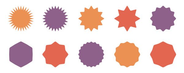 Set of vector starburst.Starburst shape set. Vector burst icon. Promotional badge.Bursting icon.Sunburst seamless sticker collection.