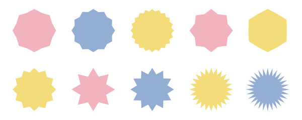 Set of vector starburst.Starburst shape set. Vector burst icon. Promotional badge.Bursting icon.Sunburst seamless sticker collection.