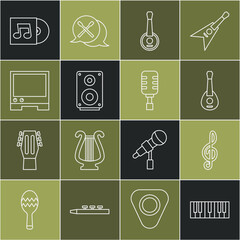 Set line Music synthesizer, Treble clef, Guitar, Banjo, Stereo speaker, Voice assistant, Vinyl disk and Microphone icon. Vector