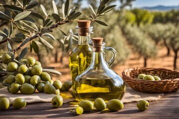 olive oil and olives on wooden table,Glass container with olive oil on wooden table with branches and olives in crop field full of olive trees with sunshine