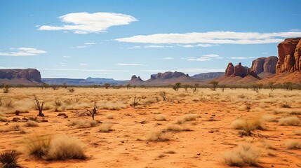 Arid desert plain with towering sandstone spires in distance
