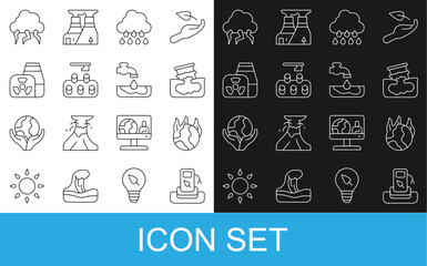 Set line Petrol or gas station, Global warming fire, Barrel oil leak, Cloud with rain, Deforestation, Nuclear power plant, Storm and Water problem icon. Vector