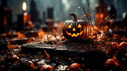Halloween pumpkin head jack-o-lantern on spooky graveyard. Halloween concept. - obrazy, fototapety, plakaty