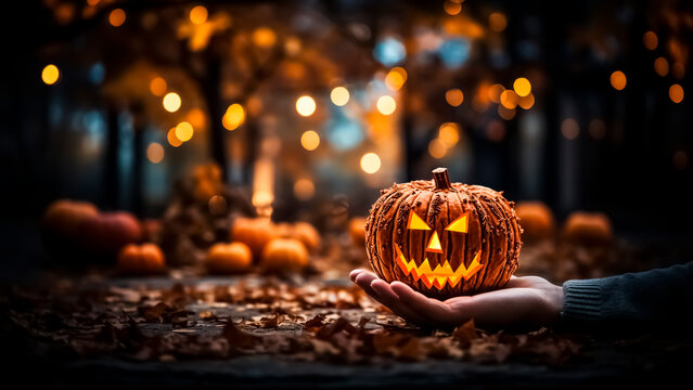 Halloween pumpkin lantern in hand on background of autumn leaves and bokeh. Halloween concept.