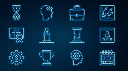 Set line Calendar, Customer product rating, Briefcase, Speaker, Certificate template, Medal, Old hourglass with sand and Man third eye icon. Vector