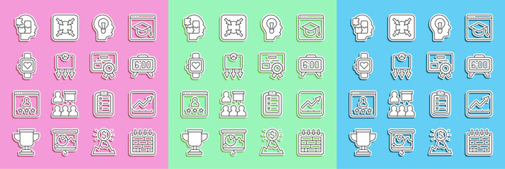 Set line Calendar, Financial growth increase, Digital alarm clock, Human with lamp bulb, Weight loss, Smart watch, Head puzzles strategy and Certificate template icon. Vector