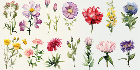 Set of flowers watercolor style.