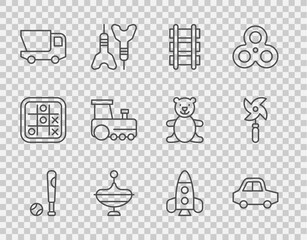 Set line Baseball bat with ball, Toy car, railway, Whirligig toy, truck, train, Rocket ship and Pinwheel icon. Vector