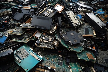 Pile of electronic waste, Motherboard computer and cpu microchips  electronic equipment, Printed Circuit Board on white background, E-waste is a problem with environmental concepts should be reused