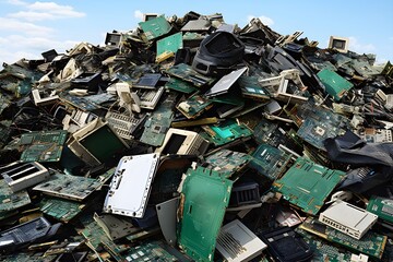 Pile of electronic waste, Motherboard computer and cpu microchips  electronic equipment, Printed Circuit Board on white background, E-waste is a problem with environmental concepts should be reused