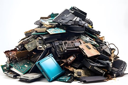 Piles of old computer hardware such as case and monitor, CD-ROMs, floppy disks, keyboard and mouse isolated on white background,