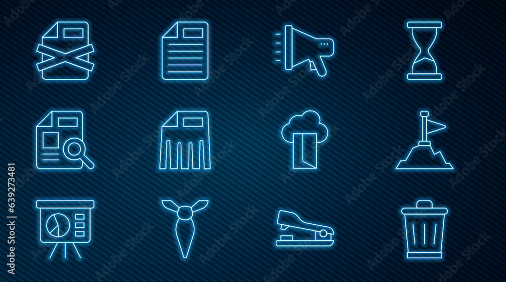 Poster set line trash can, mountains with flag on top, megaphone, paper shredder, document graph chart, del