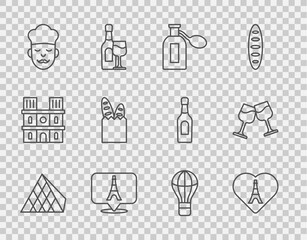 Set line Louvre glass pyramid, Eiffel tower with heart, Perfume, Cook, French baguette bread, Hot air balloon and Wine icon. Vector