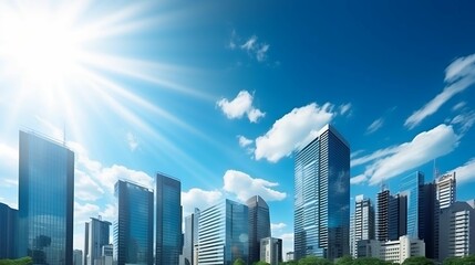 Fototapeta na wymiar Dynamic cityscape with soaring skyscrapers against blue sky