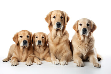 Image of family group of golden retriever dogs on white background. Pet. Animals. Illustration, Generative AI.