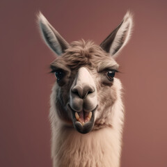 Image of llama making a cheeky face on a clean background. Wildlife Animals. illustration. Generative AI.