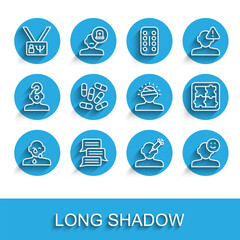 Set line Tear cry eye, Online psychological counseling, Psychology, Addiction to the drug, Good mood, Medicine pill or tablet, Solution problem psychology and Concussion, headache icon. Vector