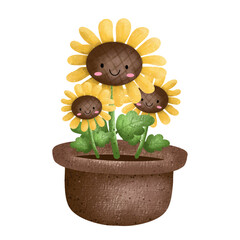 Sunflower in a pot,Beautiful Sunflowers,floral,Flower,plant,flora,nature,watercolor,cartoon character,cute,icon ,vector, illustration,hand drawn