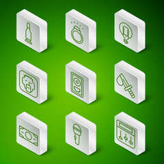 Set line Drum machine music, Microphone, Bullet, CD disk award frame, Rapper, Diamond ring, Stacks paper money cash and Bloody knife icon. Vector