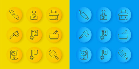 Set line Sauna thermometer, Wooden axe, brush, Mortar and pestle, Washcloth, and Man in sauna icon. Vector