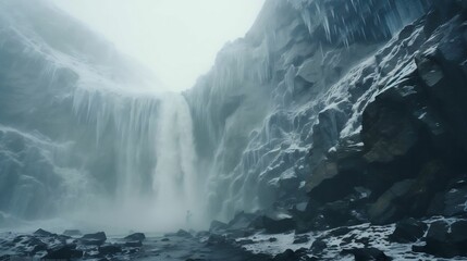 Frozen waterfall cascading down majestic glacier face
