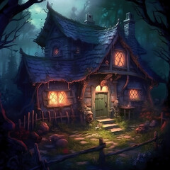 Cottage in the middle of a dark forest