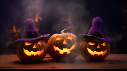  Halloween pumpkins with neon glowing eyes and witches hat, isolated on dark toned smoke foggy background. Scary Jack-o-lantern halloween pumpkin. Generative A