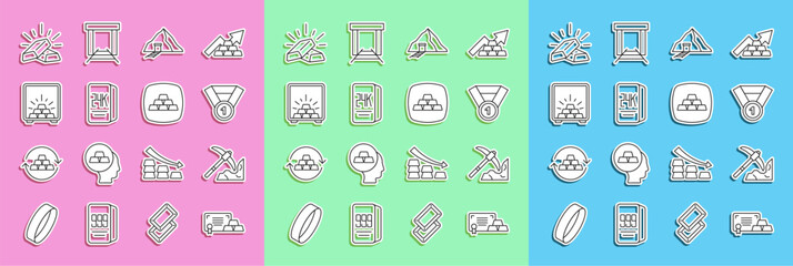 Set line Gold bars with certificate, mining, medal, mine, 24k, Safe gold, and icon. Vector