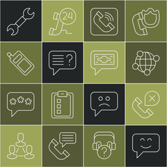 Set line Smile face, Declined or missed phone call, Global technology, Telephone handset, Unknown search, Mobile, Wrench spanner and Stacks paper money cash icon. Vector