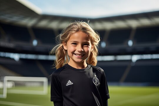 Portrait of a cute little girl in a soccer uniform at the stadium