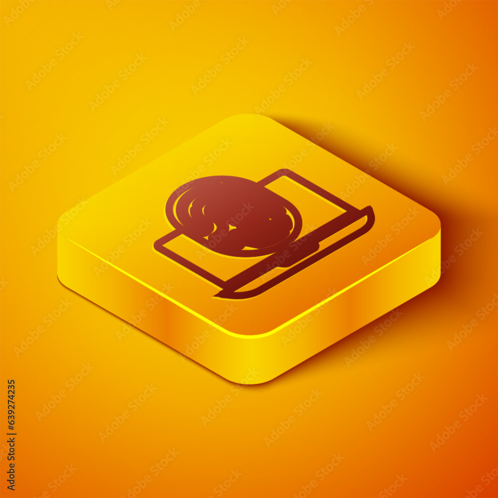 Poster isometric line laptop with fingerprint icon isolated on orange background. id app icon. identificati