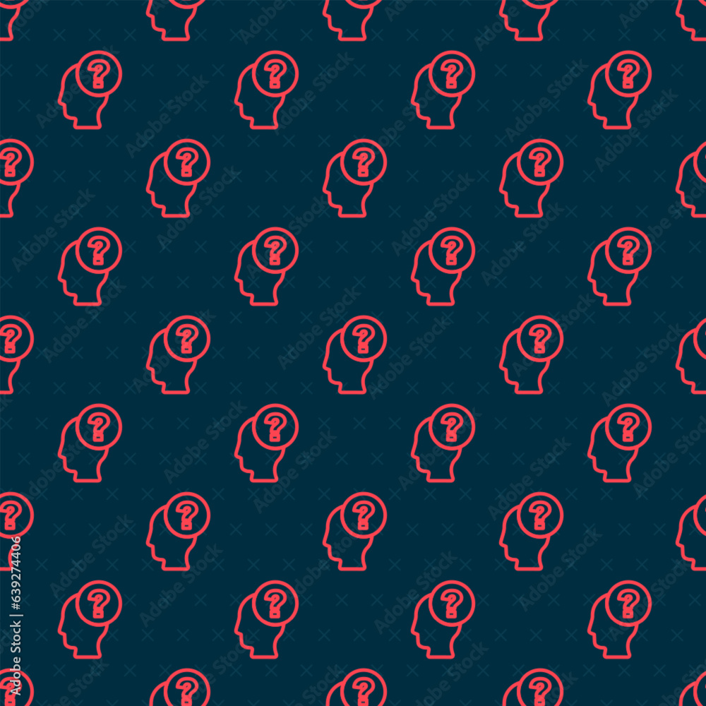Poster red line human head with question mark icon isolated seamless pattern on black background. vector