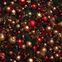 Closeup of Festively Decorated Outdoor Christmas tree with bright red balls on blurred sparkling fairy background. Defocused garland lights, Bokeh effect. Defocused night city street, cars on road.