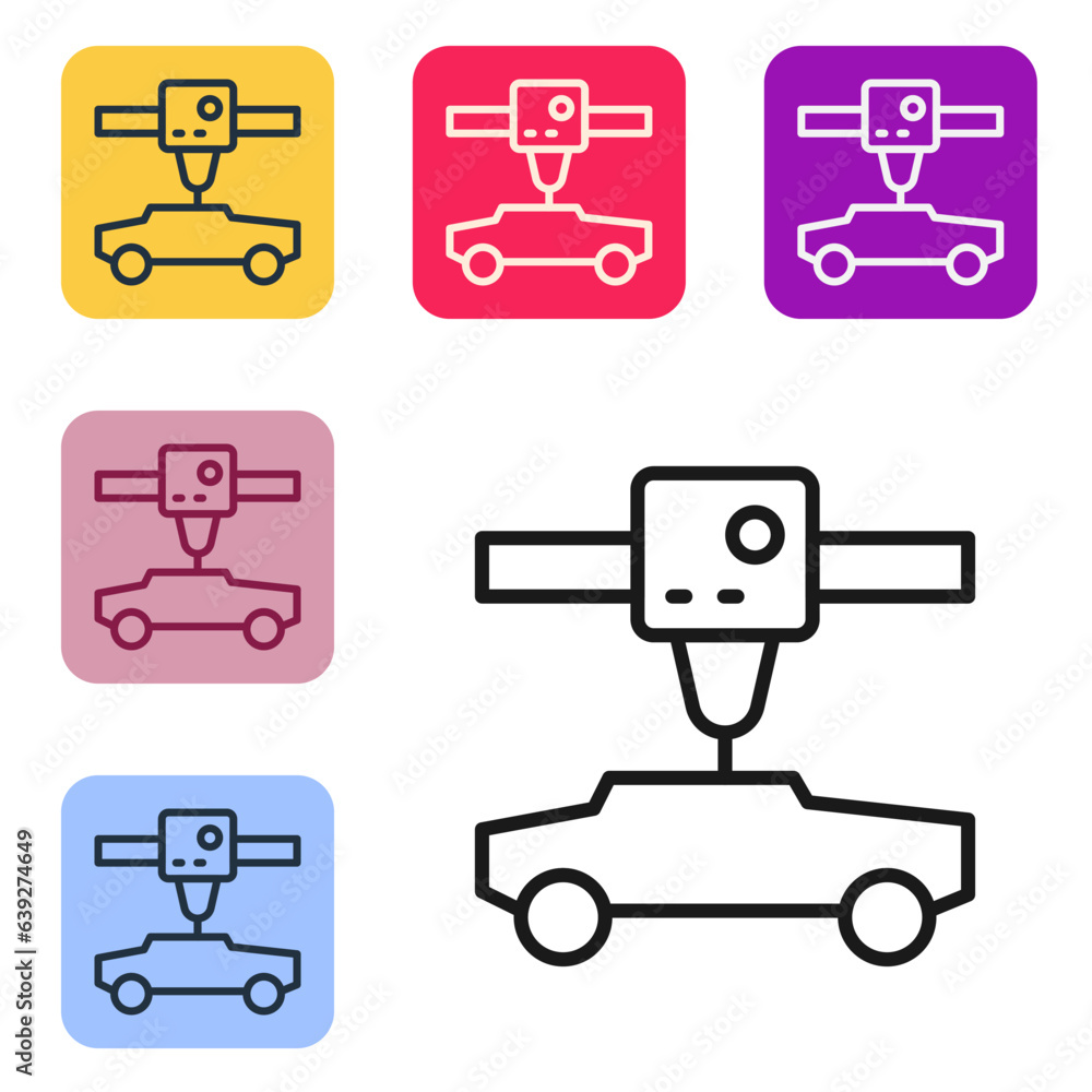 Poster black line 3d printer car icon isolated on white background. 3d printing. set icons in color square 