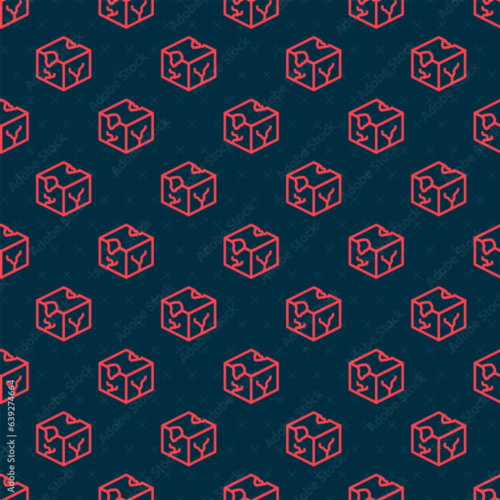 Poster red line isometric cube icon isolated seamless pattern on black background. geometric cubes solid ic