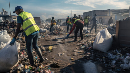 Group of people working at a garbage dump.