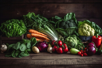 fresh vegetables on wooden table. 