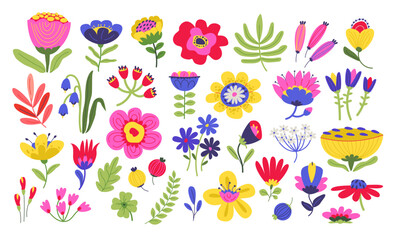 Fototapeta na wymiar Naive Abstract plants and flowers collection. Hand-drawn colorful flowers. Flat vector illustration in the style of a doodle.