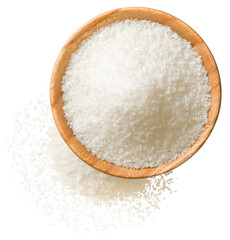 Shredded coconut in the wooden bowl, isolated on the white background, top view.