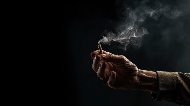 Hand Holding Smoking Cigarette On Black Background. Smoker Holding Cigarette, Public Health Advertising Concept