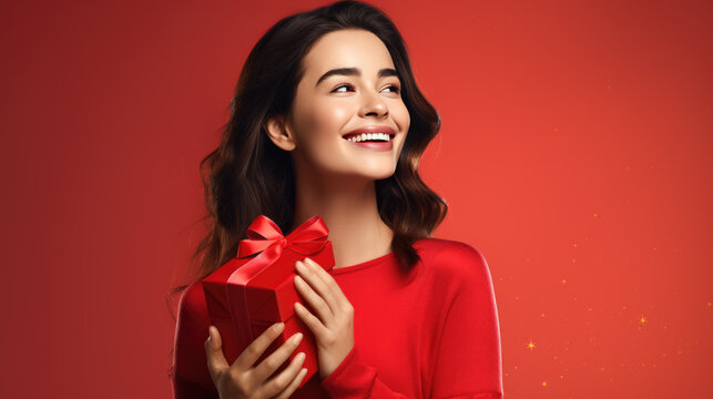 Happy Smiling Woman Holding Gift Box Over Red Background