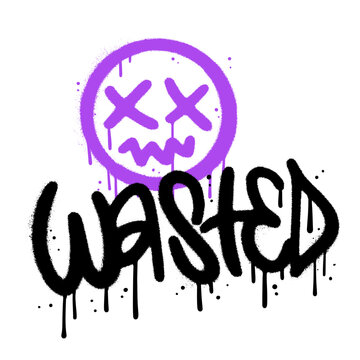 Wasted phrase in urban graffiti art style. Grungy ettering quote for gamers Tee shirt print design. Spray textured vector illustration with drops and leaks.