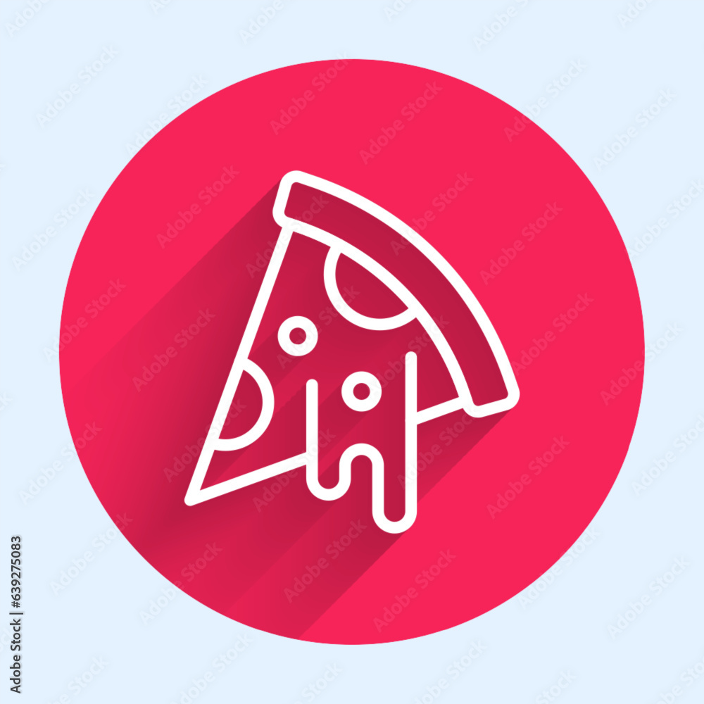 Poster white line slice of pizza icon isolated with long shadow background. fast food menu. red circle butt
